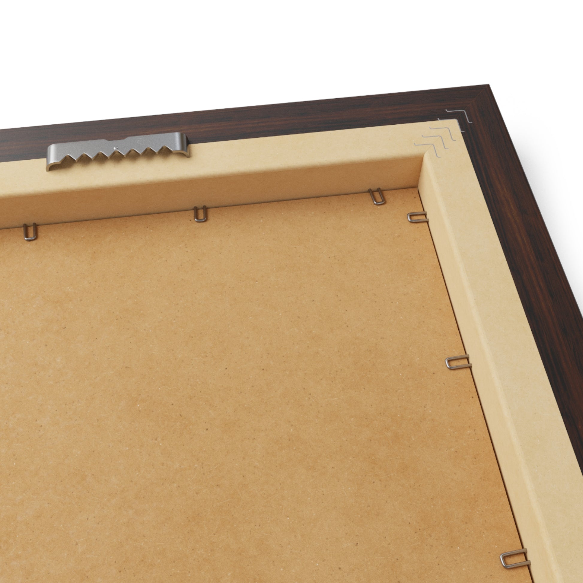 Close-up of a wooden picture frame corner with a beige mat.