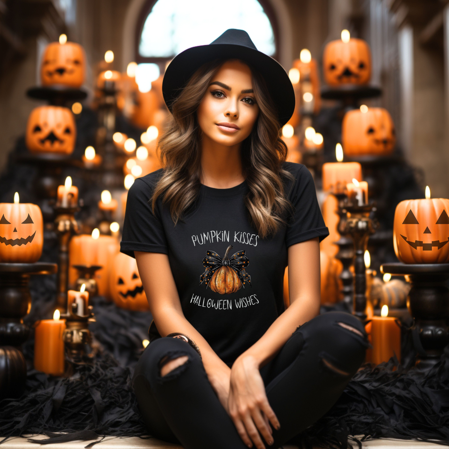 Woman wearing a black t-shirt with Halloween text in a festive setting with pumpkins and candles.