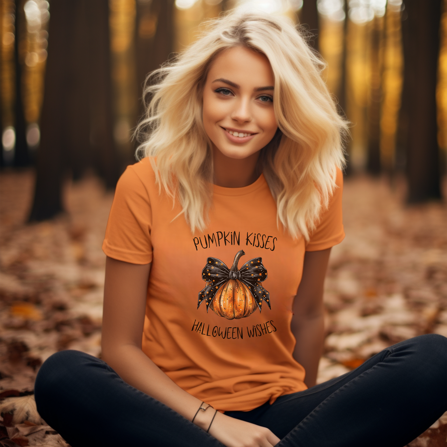 Woman wearing an orange t-shirt with a pumpkin design in a forest setting