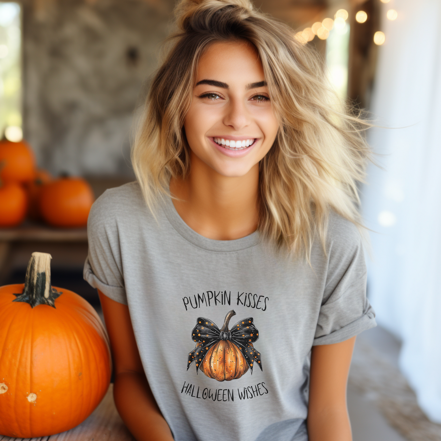 Woman wearing a grey t-shirt with a pumpkin design and text, sitting next to a pumpkin.