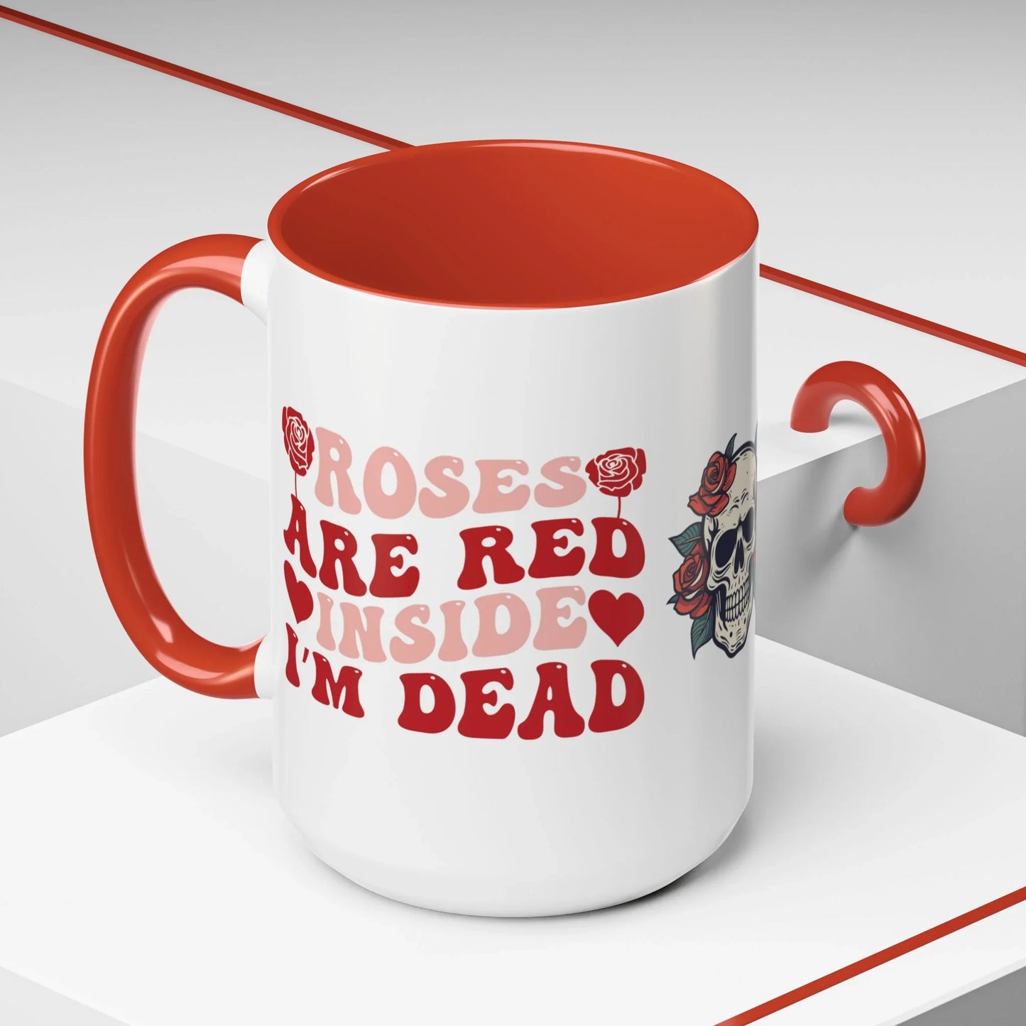 White mug with red interior and handle, featuring a humorous text design. roses are red, inside I'm dead, 15oz