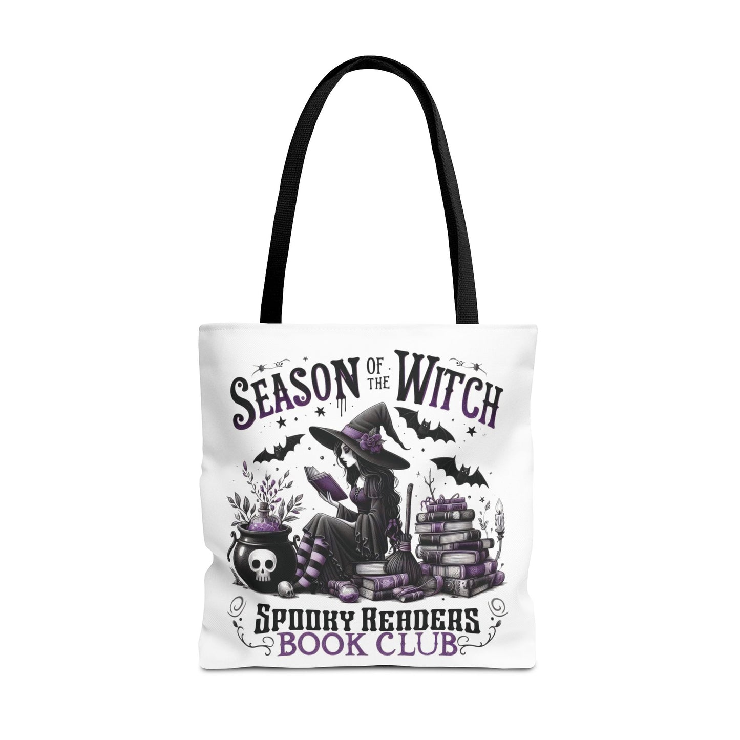 Tote bag with Halloween-themed design featuring a witch and text on a white background, season of the witch spooky readers book club
