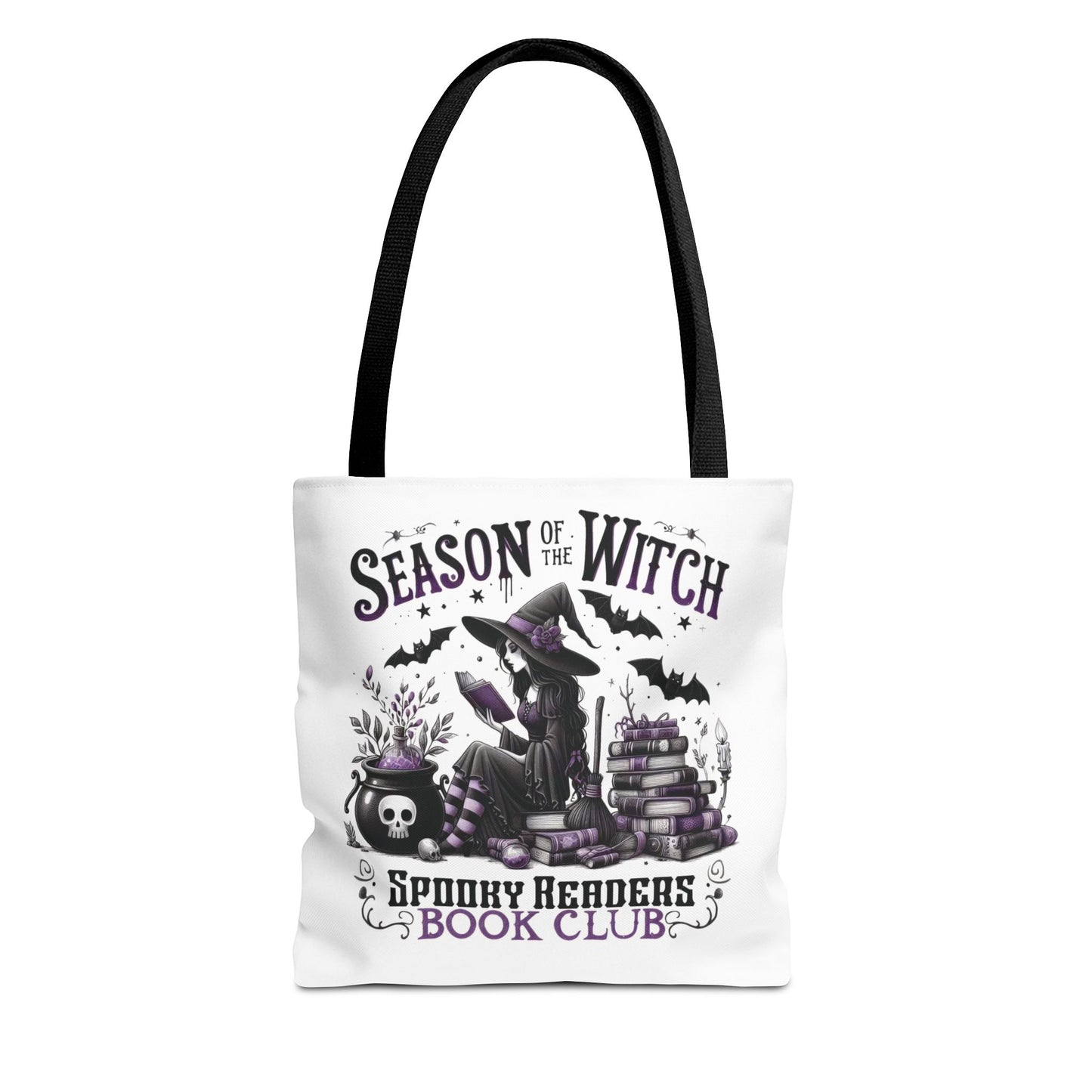 Tote bag with Halloween-themed design featuring a witch, books, and text on a white background. season of the witch spooky readers book club