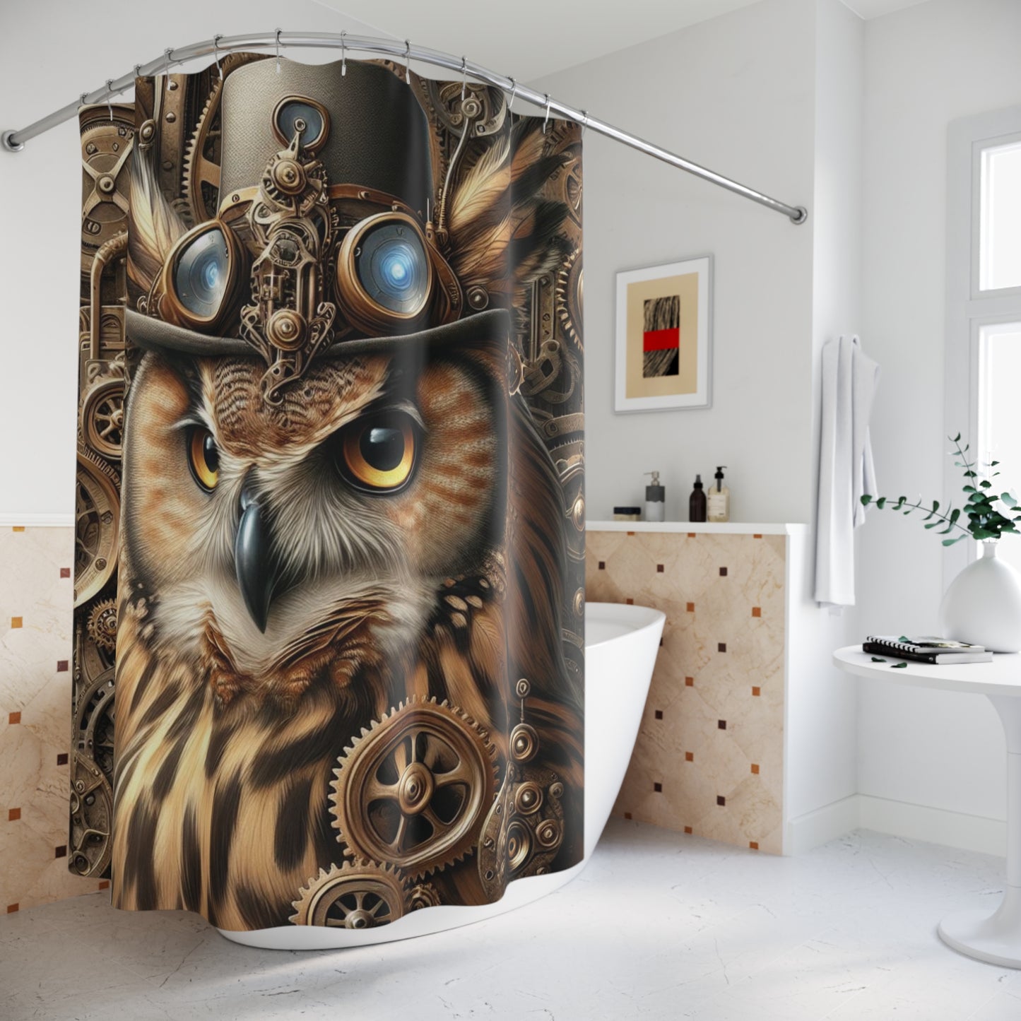 Steampunk-themed owl shower curtain in a bathroom setting
