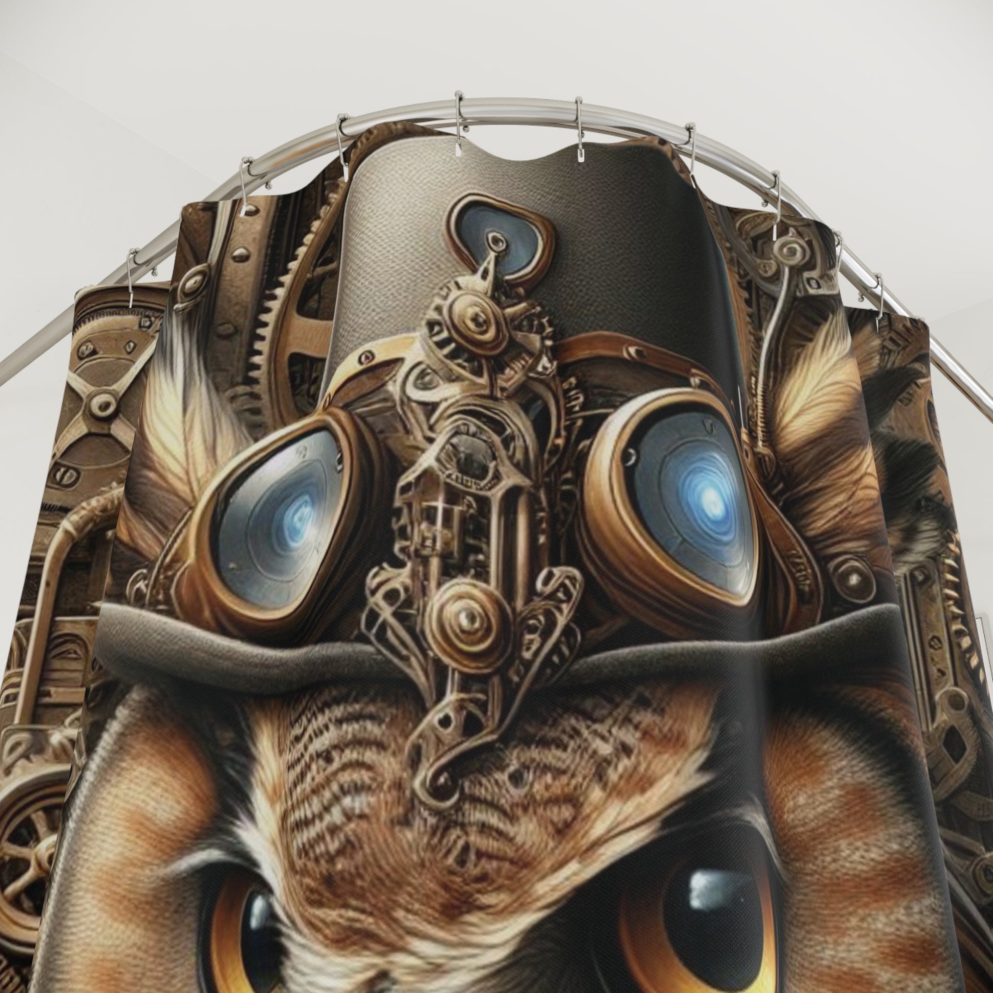 Artistic depiction of a mechanical owl with intricate details on a white background, steampunk owl curtain upclose