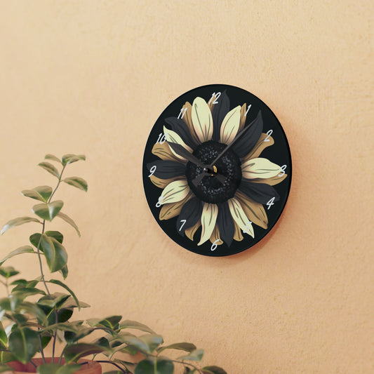 Decorative wall clock with sunflower design on a beige wall