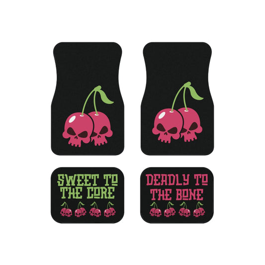 Car floor mats with cherry and skull design on a white background, sweet to the core, deadly to the bone, 4 pc set