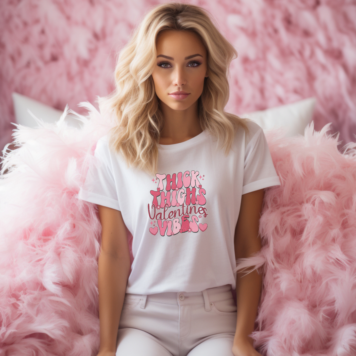 Woman wearing a white t-shirt with pink text sitting on a pink fluffy surface, thick thighs valentines vibes, retro design