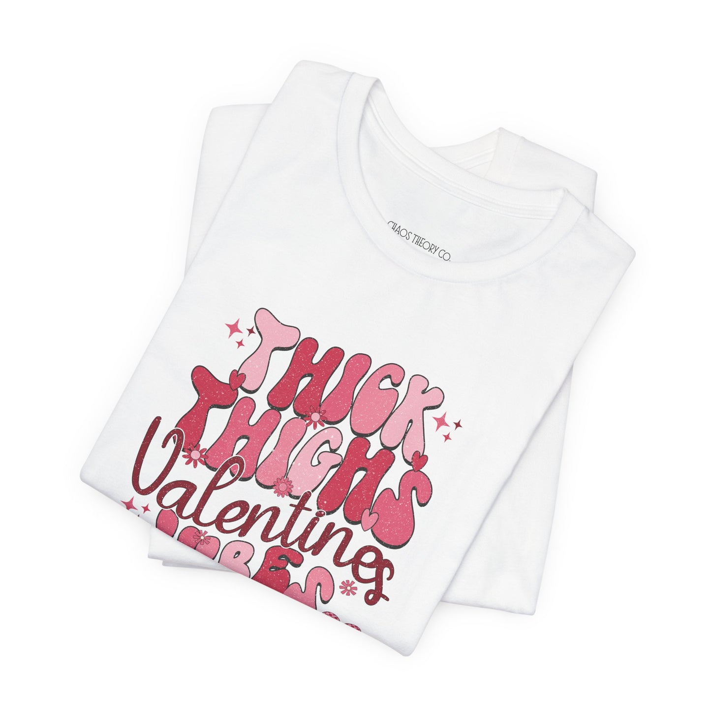 White tshirt with pink text and branding on a white background, thick thighs valentines vibes, white