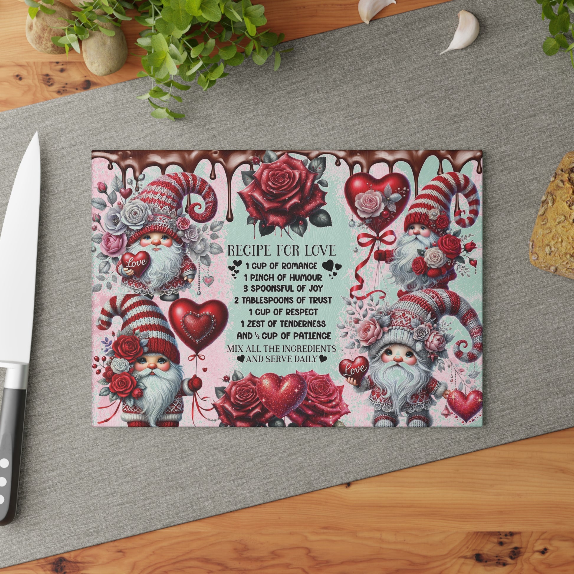 valentines gnomes cutting board, recipe for love