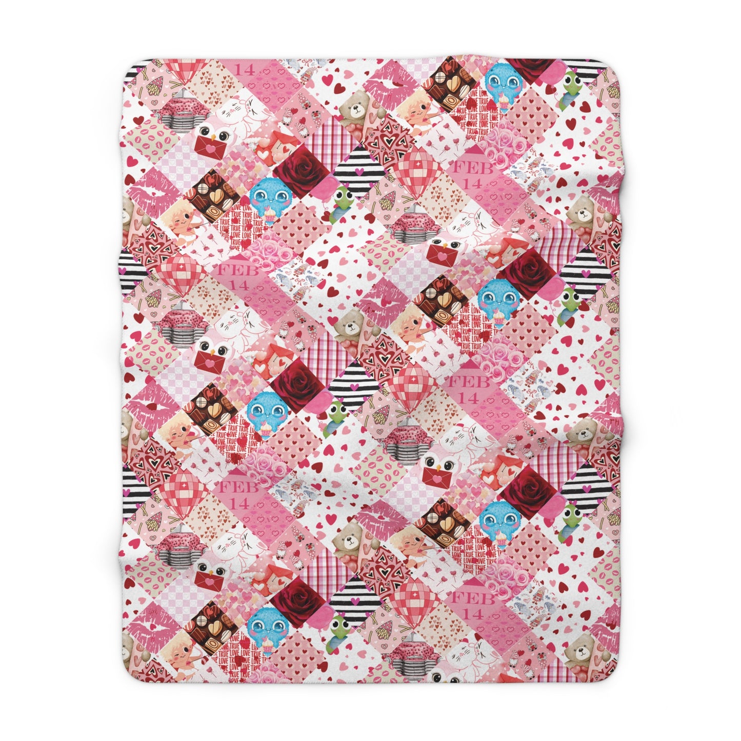 Patchwork quilt with colorful owl patterns on a white background, valentines day