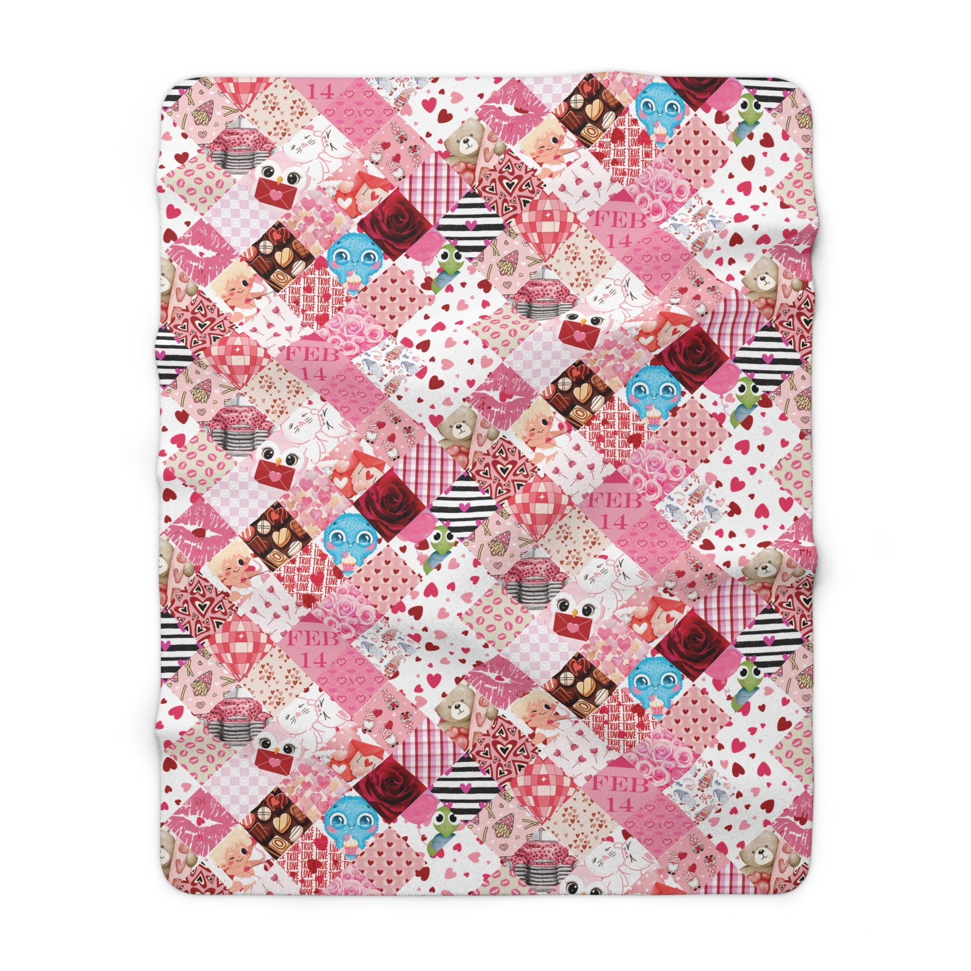 Patchwork quilt with colorful owl patterns on a white background, valentines day