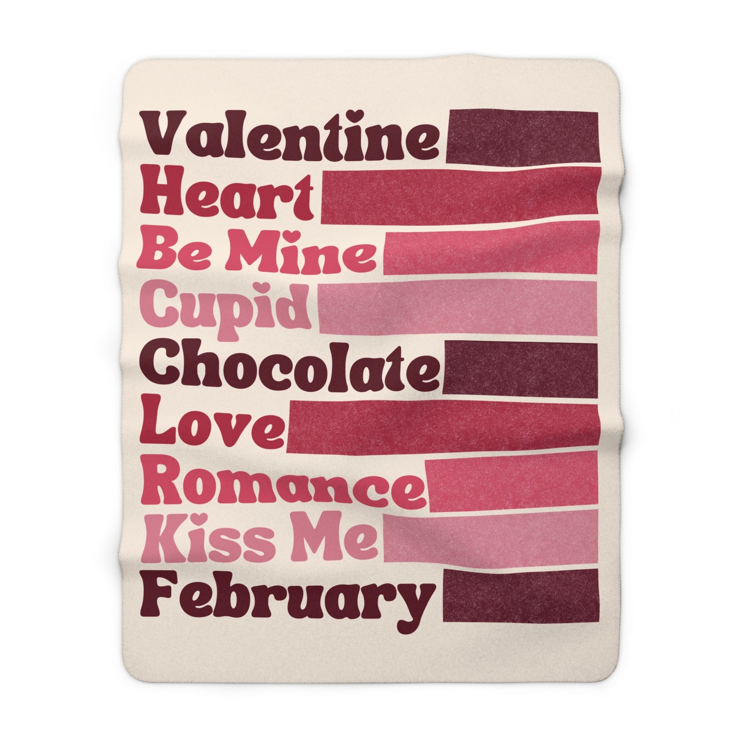 Blanket with Valentine-themed text in red and pink on a white background