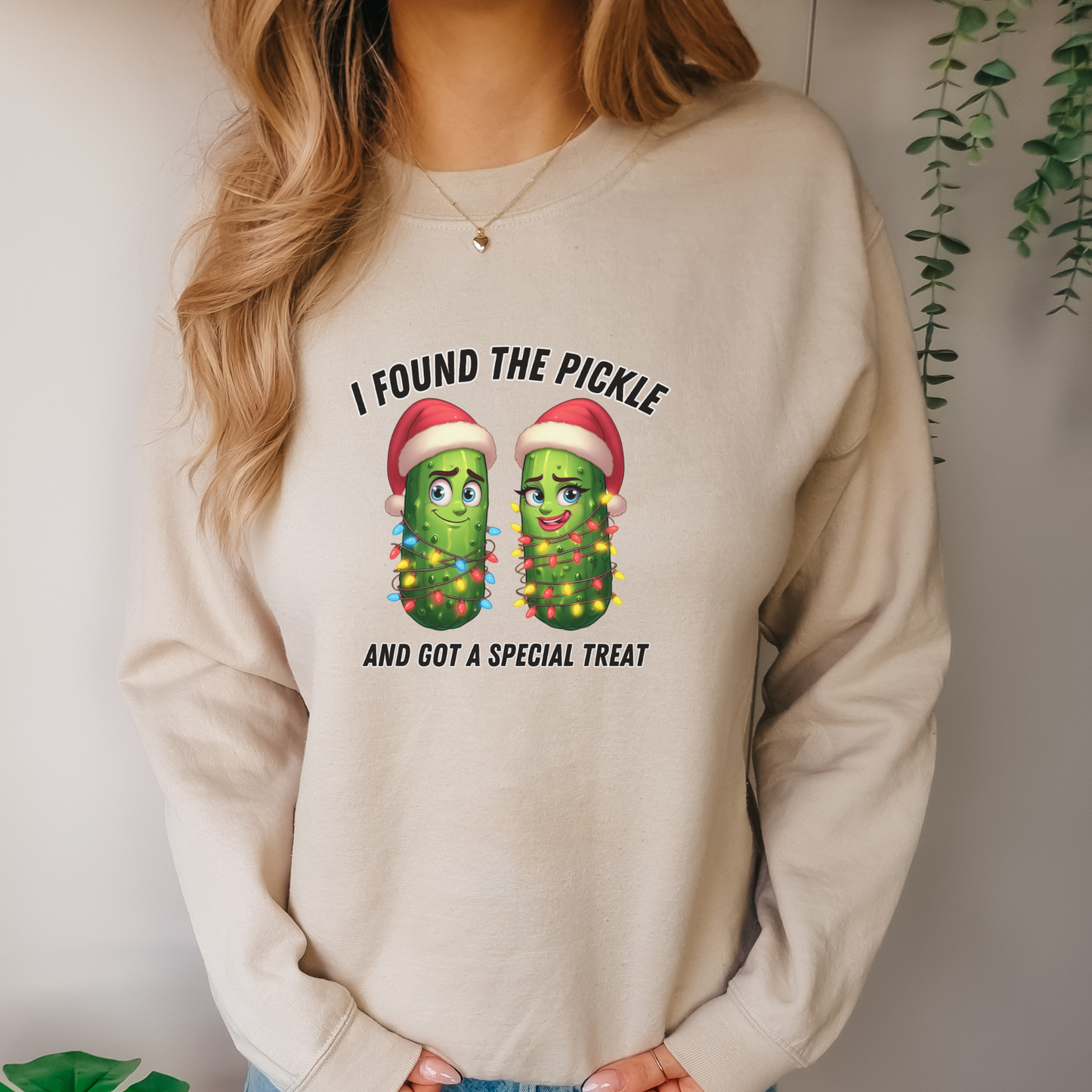 Beige sweatshirt with pickle design and text, christmas pickle